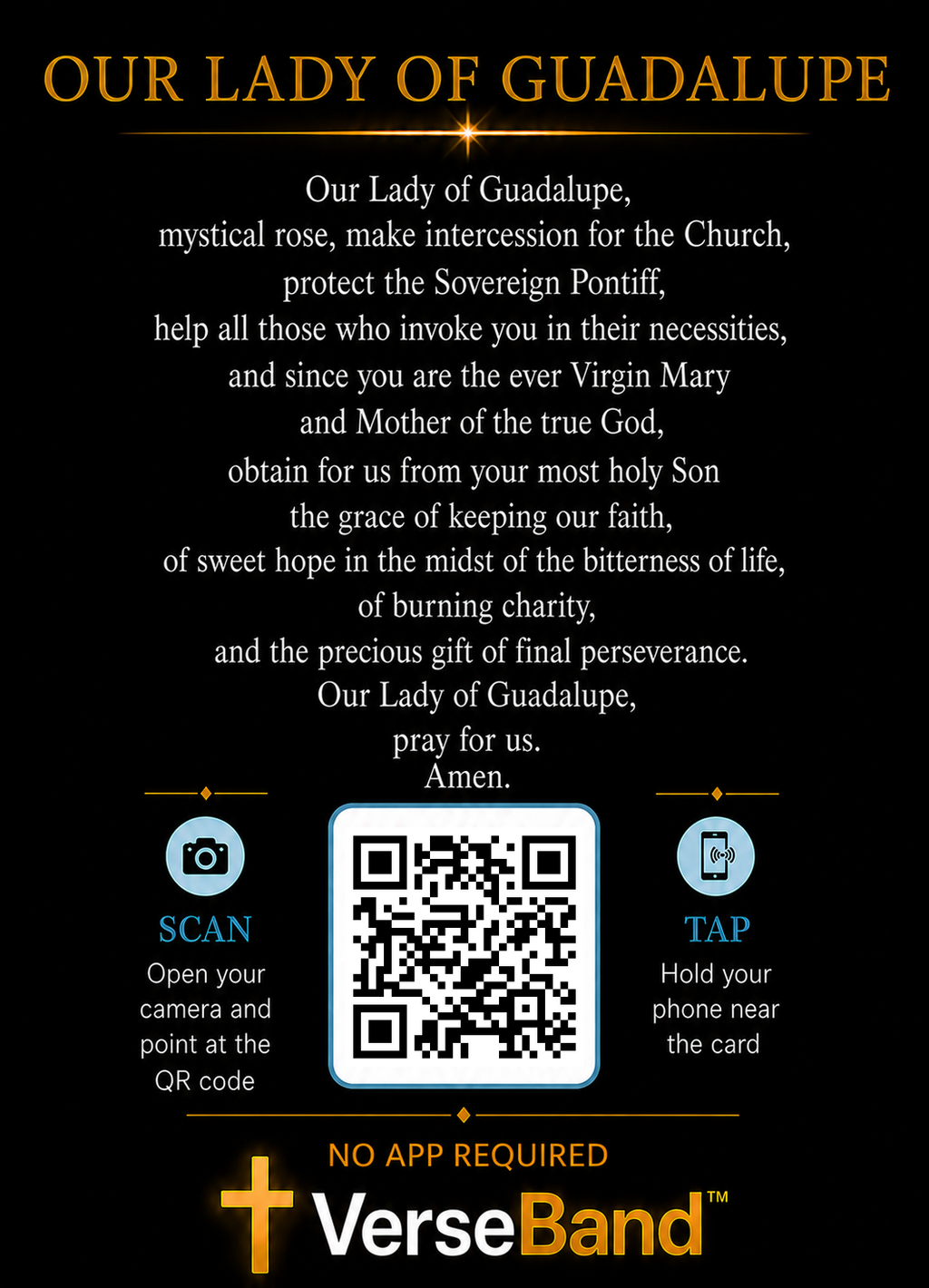 Our Lady of Guadalupe Smart Prayer Card — Laminated Catholic Devotional with QR & NFC (Prayers & Novenas)