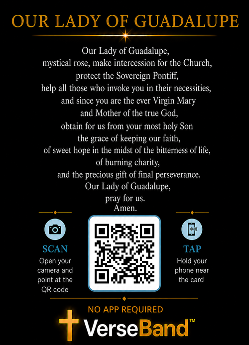 Our Lady of Guadalupe Smart Prayer Card — Laminated Catholic Devotional with QR & NFC (Prayers & Novenas)