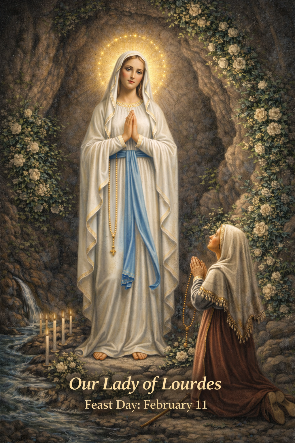 Our Lady of Lourdes Smart Prayer Card — Laminated Catholic Devotional with QR & NFC (Prayers & Novenas)