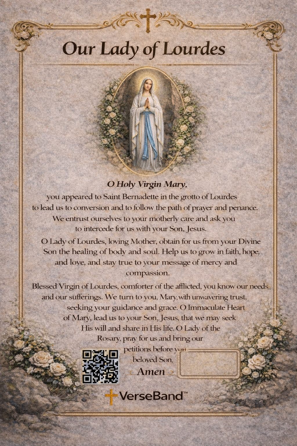 Our Lady of Lourdes Smart Prayer Card — Laminated Catholic Devotional with QR & NFC (Prayers & Novenas)