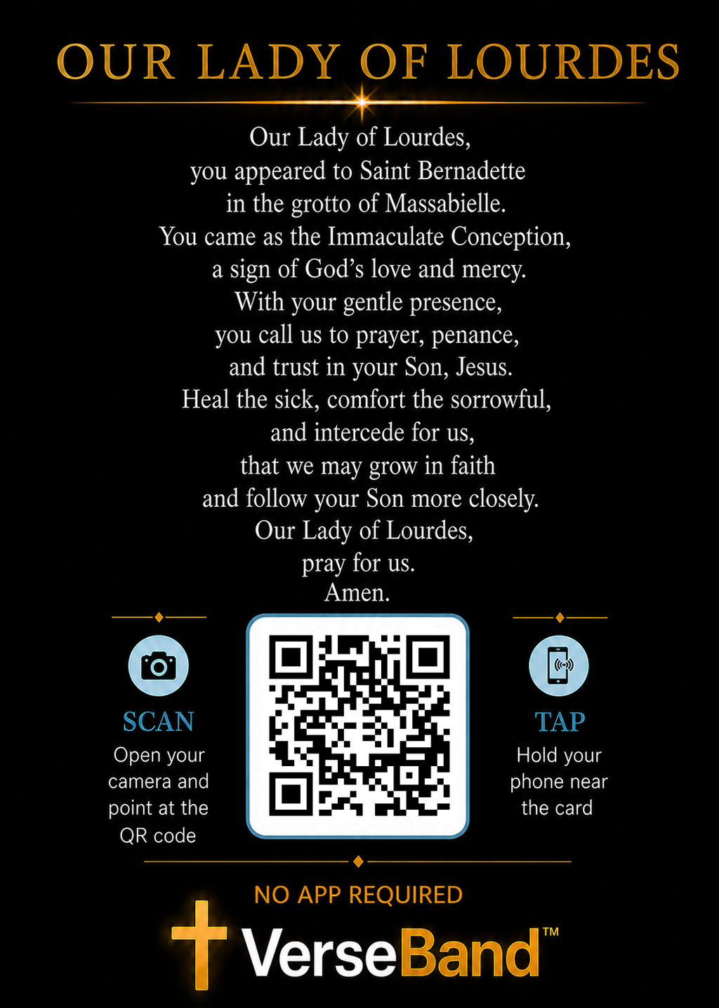 Our Lady of Lourdes Smart Prayer Card — Laminated Catholic Devotional with QR & NFC (Prayers & Novenas)