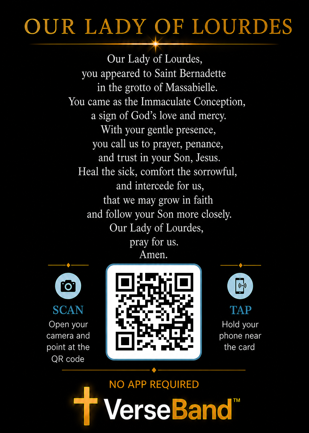 Our Lady of Lourdes Smart Prayer Card — Laminated Catholic Devotional with QR & NFC (Prayers & Novenas)