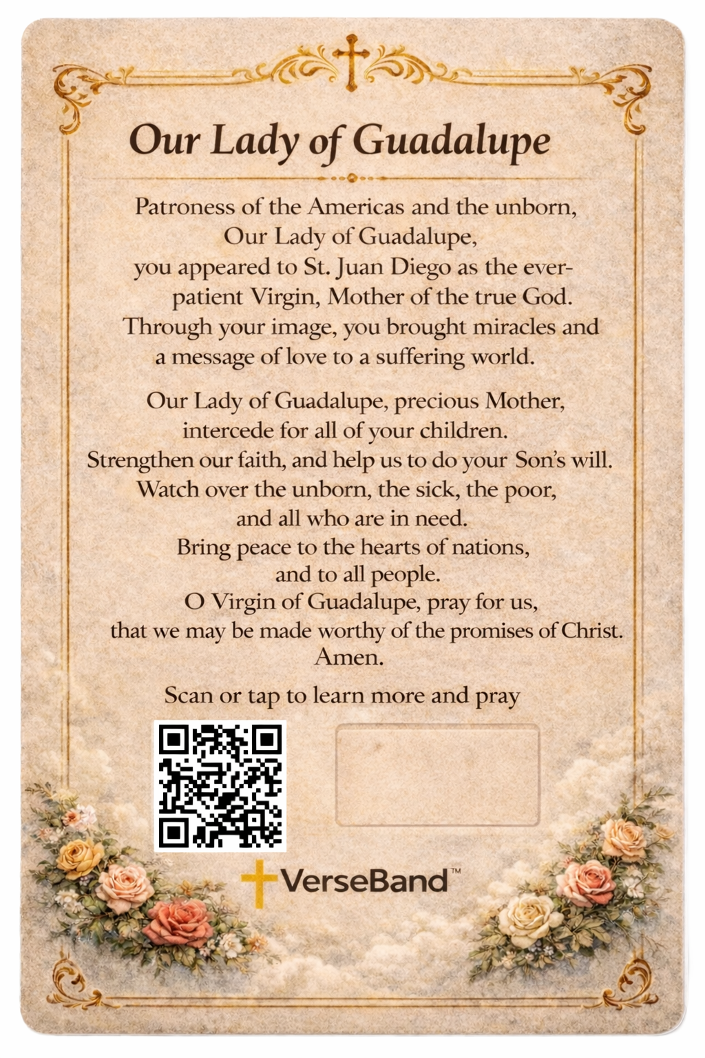 Our Lady of Guadalupe Smart Prayer Card — Laminated Catholic Devotional with QR & NFC (Prayers & Novenas)