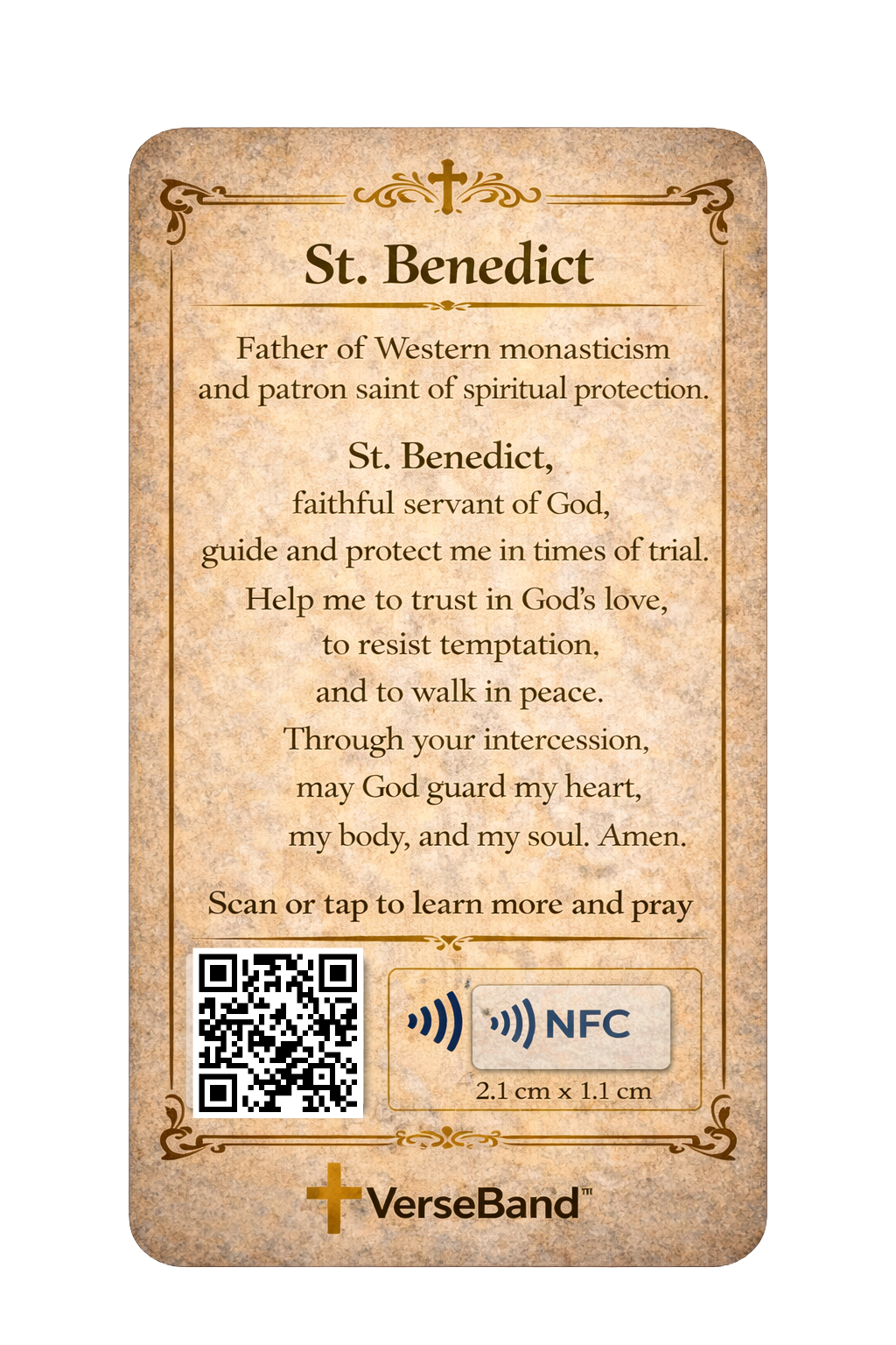 St. Benedict Smart Prayer Card — Laminated Catholic Devotional with QR & NFC (Protection Prayers & Novenas)