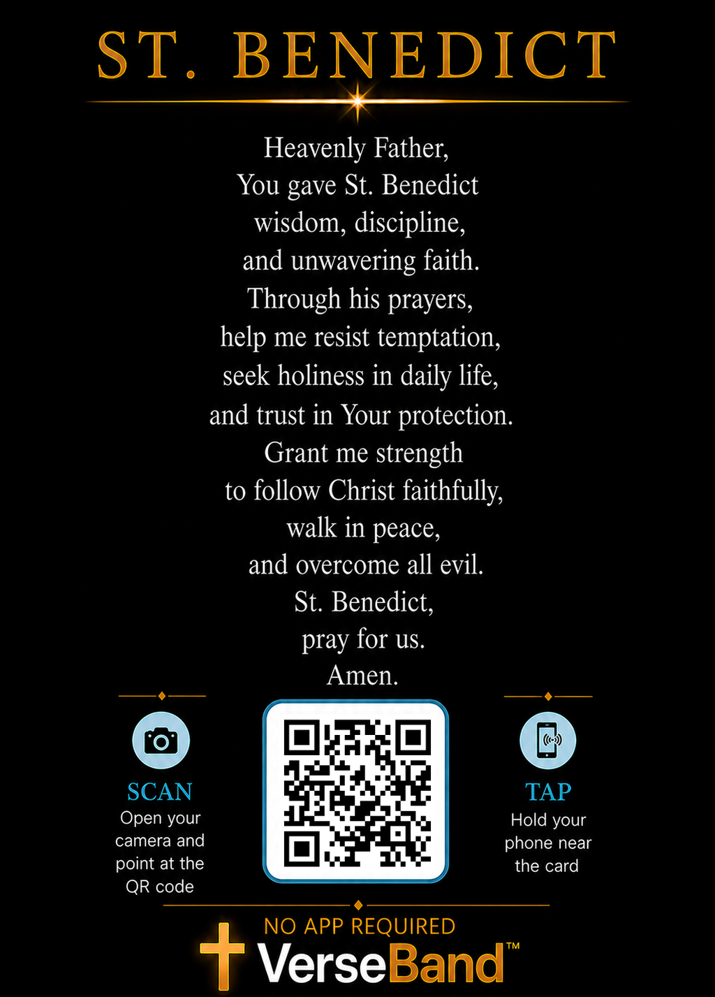 St. Benedict Smart Prayer Card — Laminated Catholic Devotional with QR & NFC (Protection Prayers & Novenas)