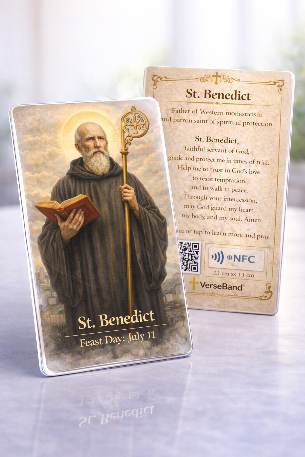 St. Benedict Smart Prayer Card — Laminated Catholic Devotional with QR & NFC (Protection Prayers & Novenas)