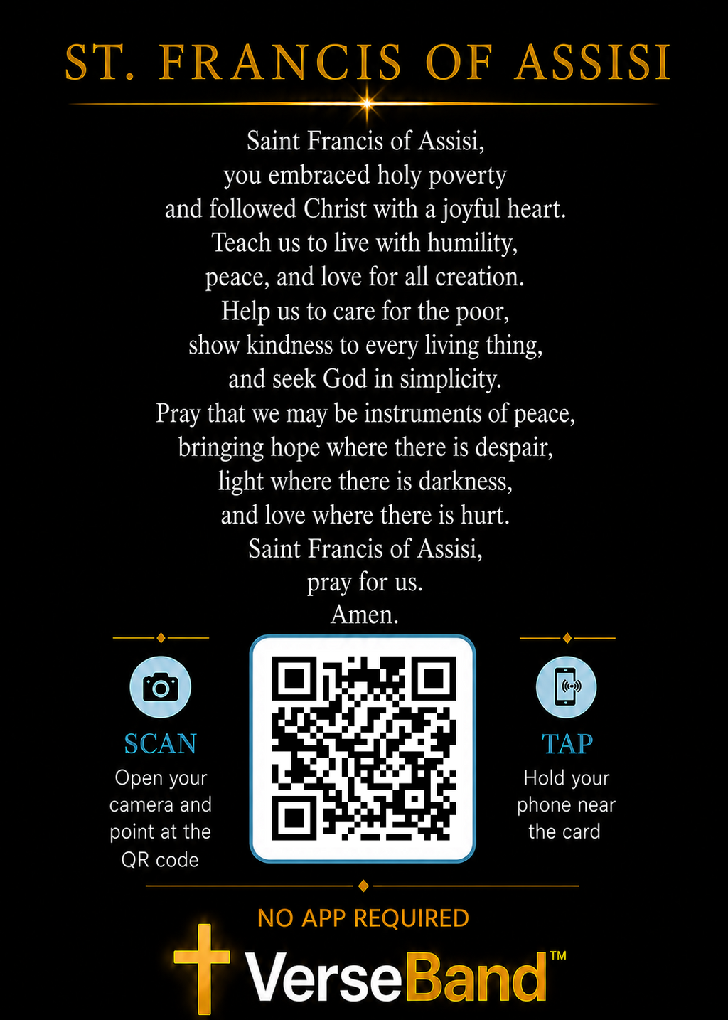 St. Francis of Assisi Smart Prayer Card — Laminated Catholic Devotional with QR & NFC