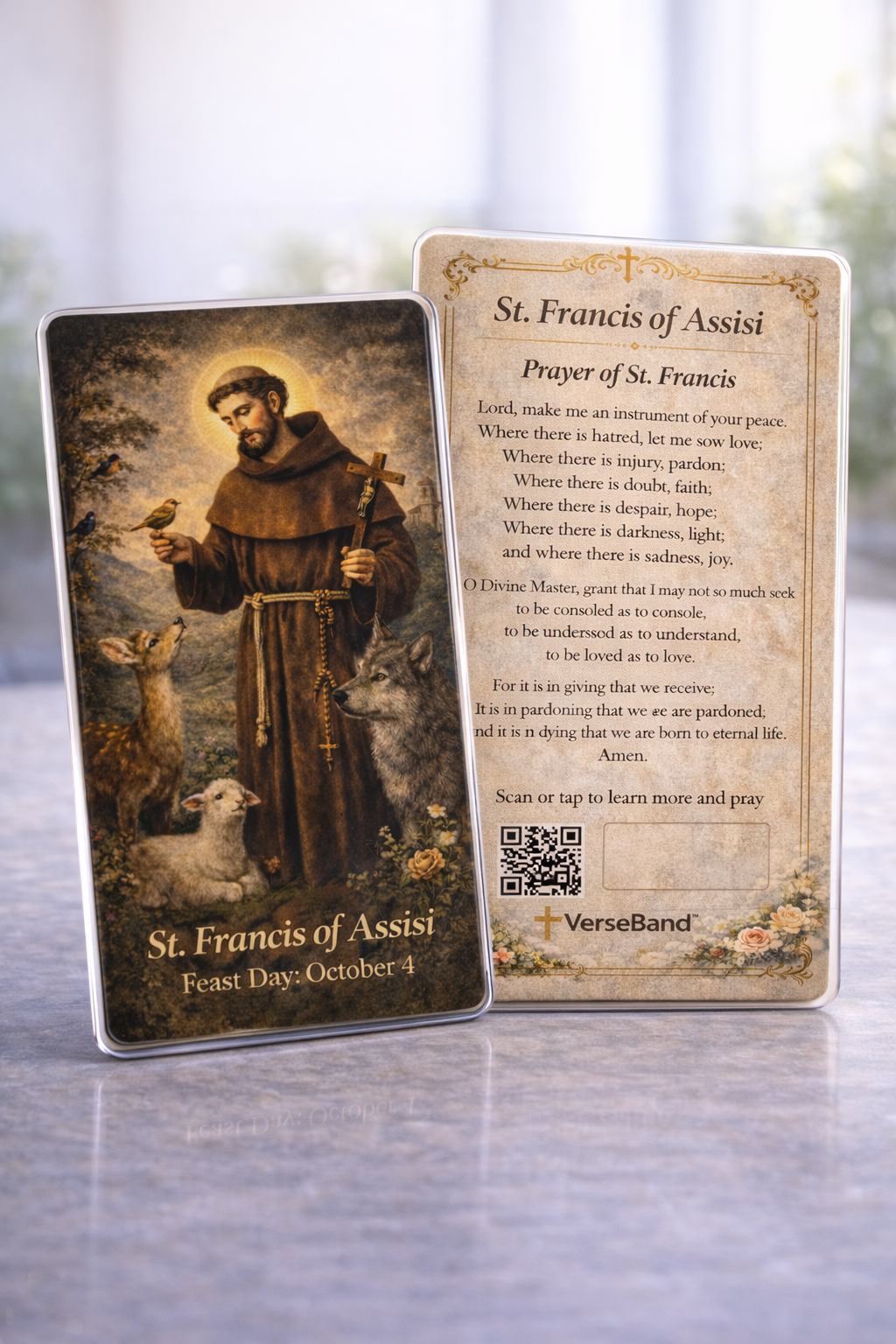 St. Francis of Assisi Smart Prayer Card — Laminated Catholic Devotional with QR & NFC
