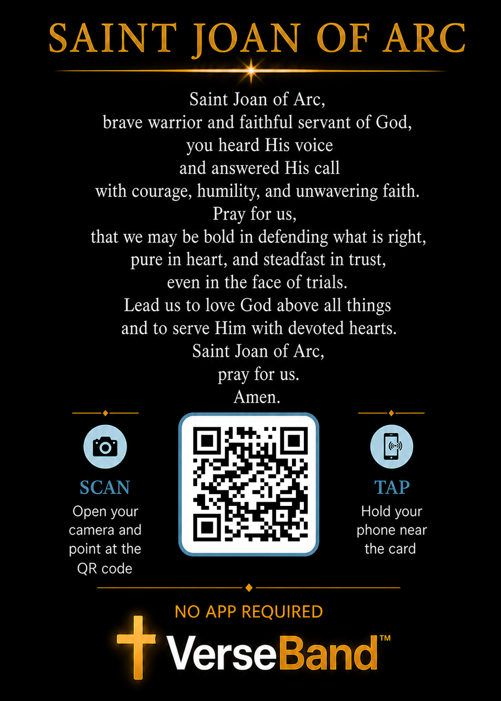 St. Joan of Arc Smart Prayer Card — Laminated Catholic Devotional with QR & NFC (Prayers & Novenas)