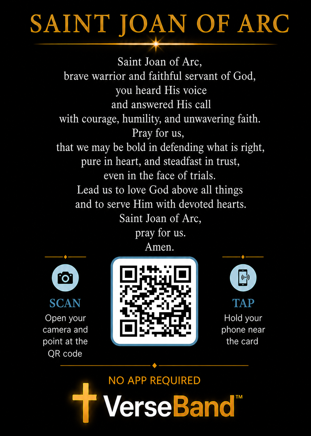 St. Joan of Arc Smart Prayer Card — Laminated Catholic Devotional with QR & NFC (Prayers & Novenas)