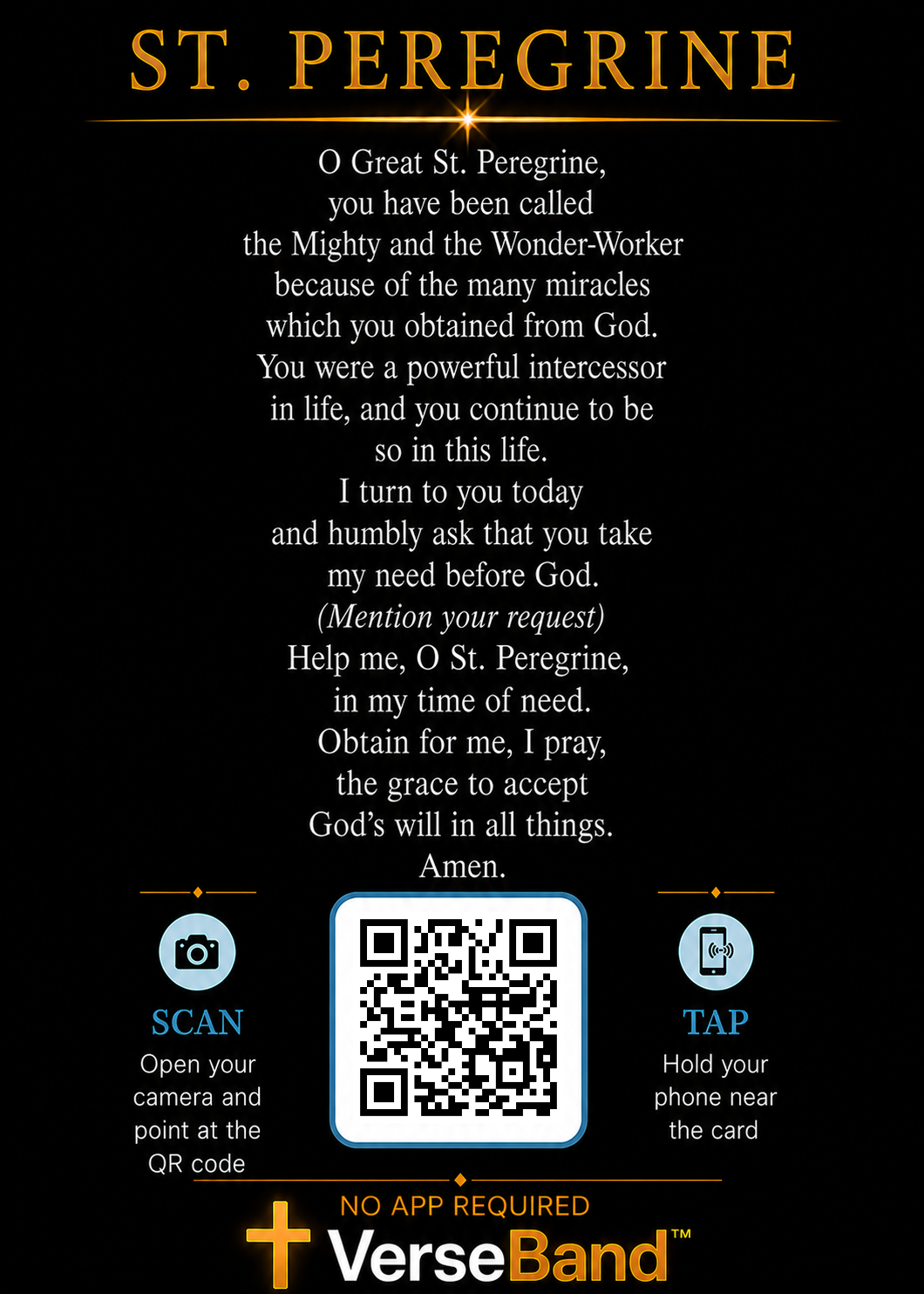 St. Peregrine Smart Prayer Card — Laminated Catholic Devotional with QR & NFC