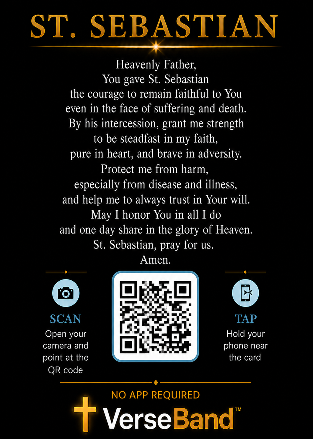 St. Sebastian Smart Prayer Card — Laminated Catholic Devotional with QR & NFC (Access Prayers & Novenas)