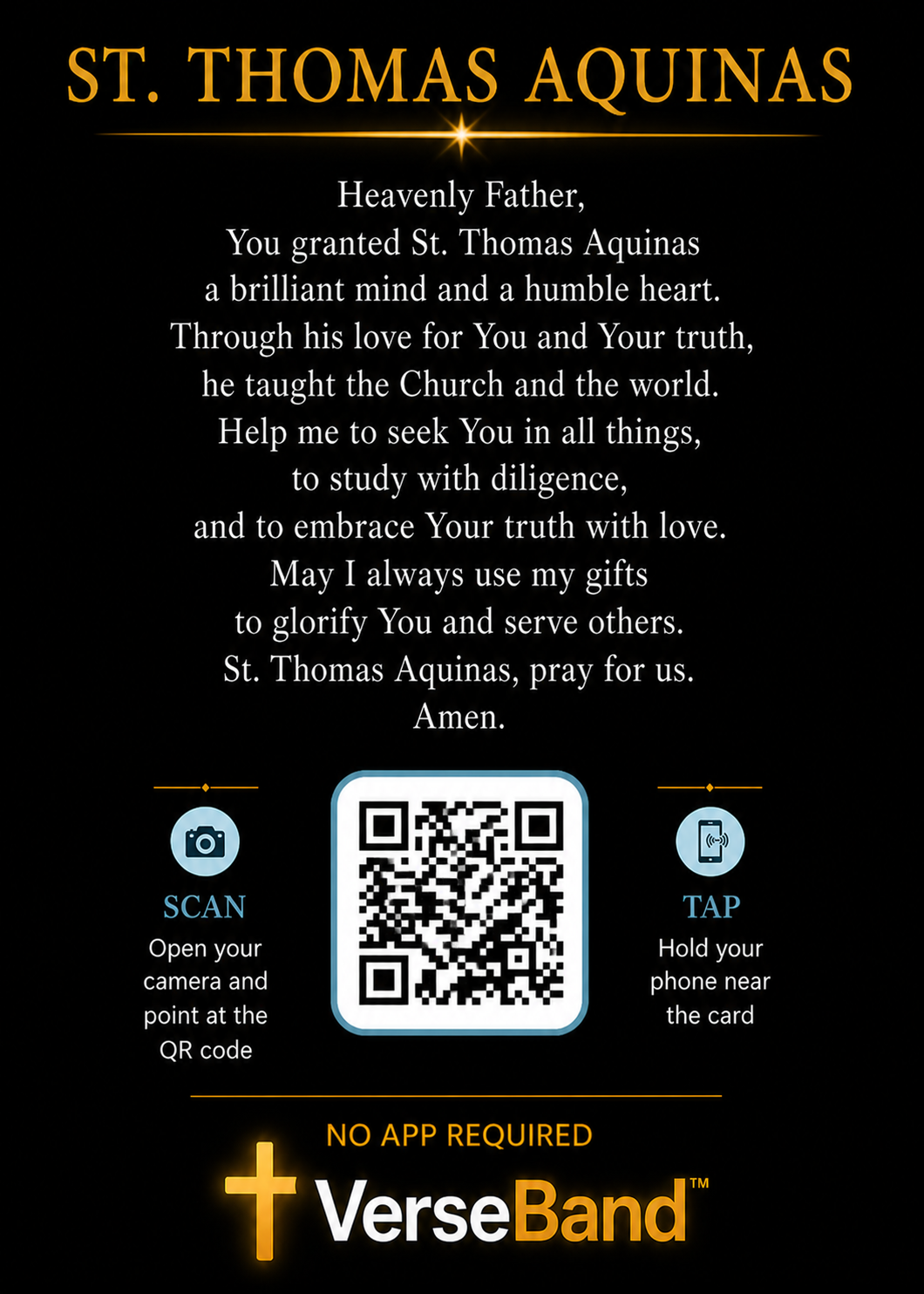 St. Thomas Aquinas Smart Prayer Card — Laminated Catholic Devotional with QR & NFC (Access Prayers & Novenas)