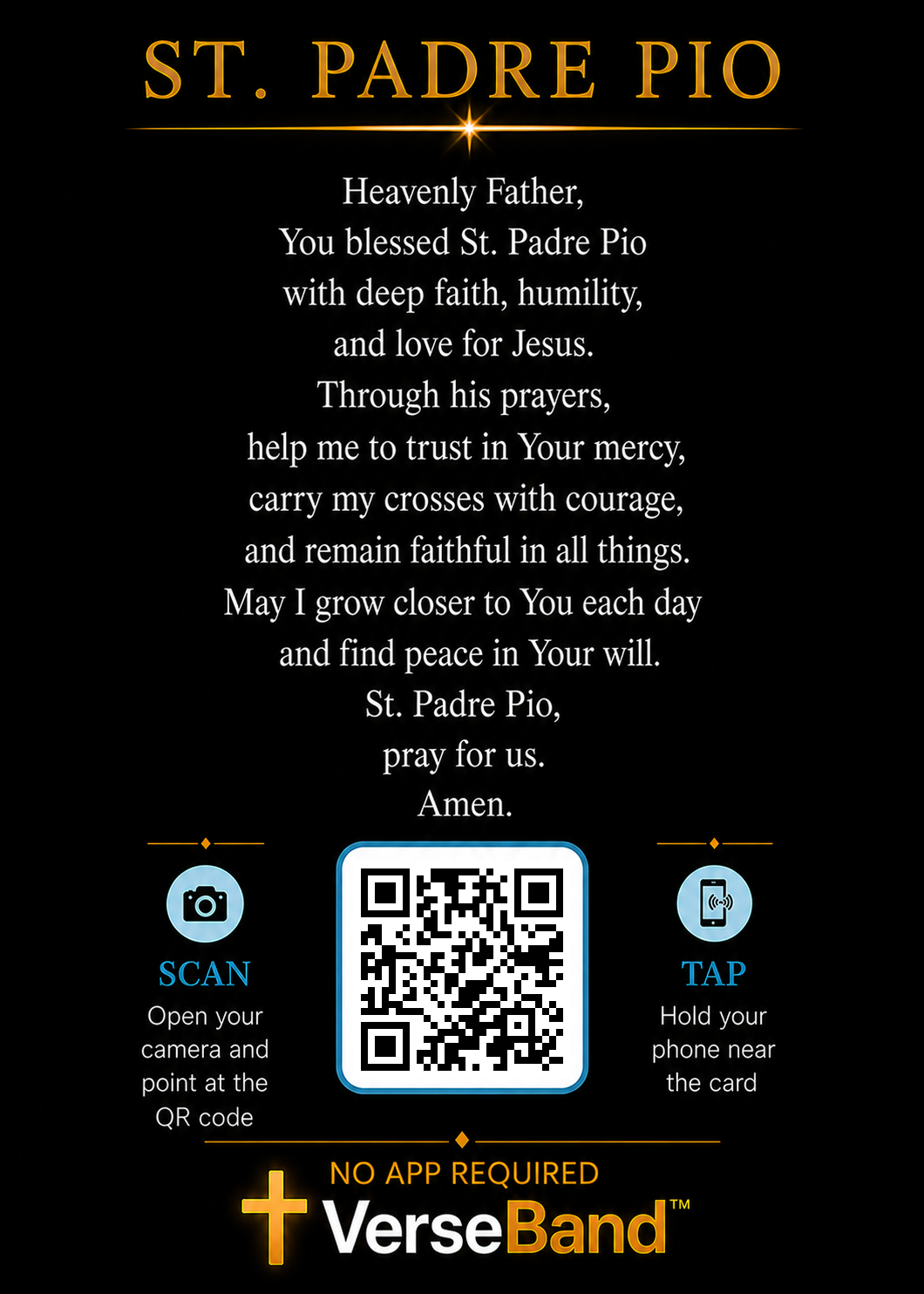St. Padre Pio Smart Prayer Card — Laminated Catholic Devotional with QR & NFC (Healing, Suffering & Trust in God)