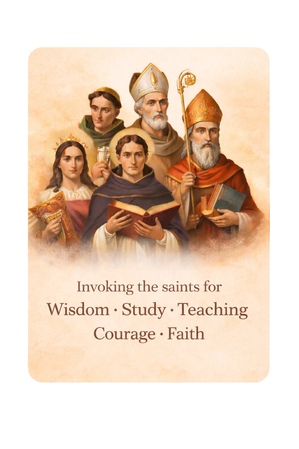 Student Saints Smart Prayer Card — Laminated Catholic Devotional with QR & NFC (Wisdom • Study • Teaching • Courage • Faith)