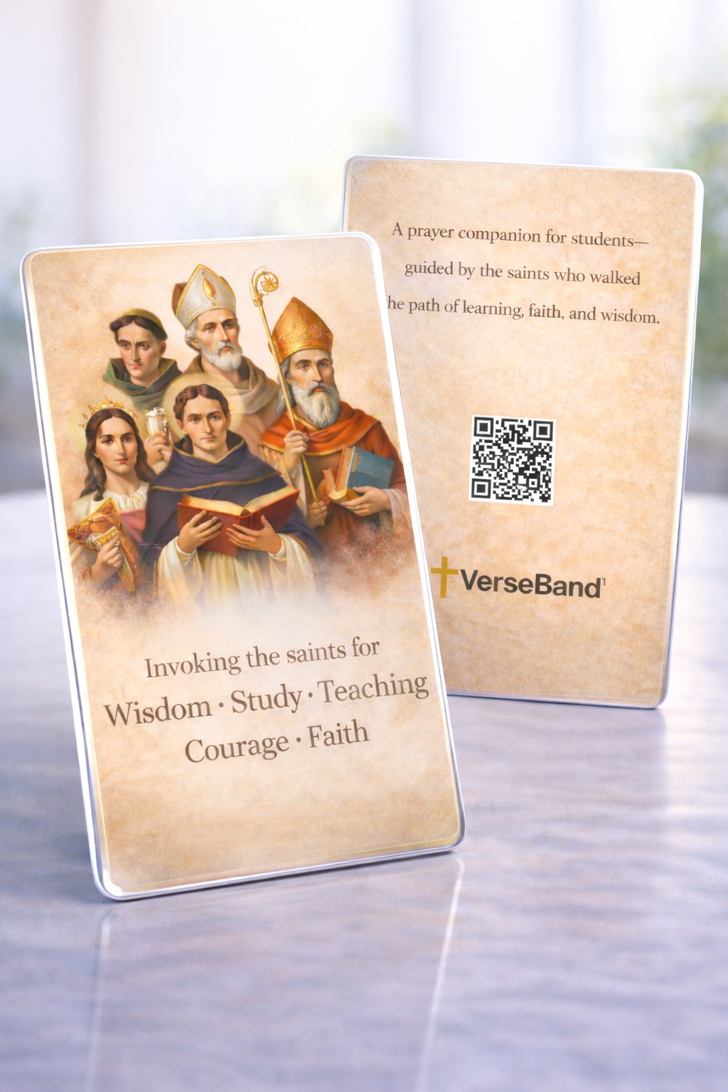 Student Saints Smart Prayer Card — Laminated Catholic Devotional with QR & NFC (Wisdom • Study • Teaching • Courage • Faith)
